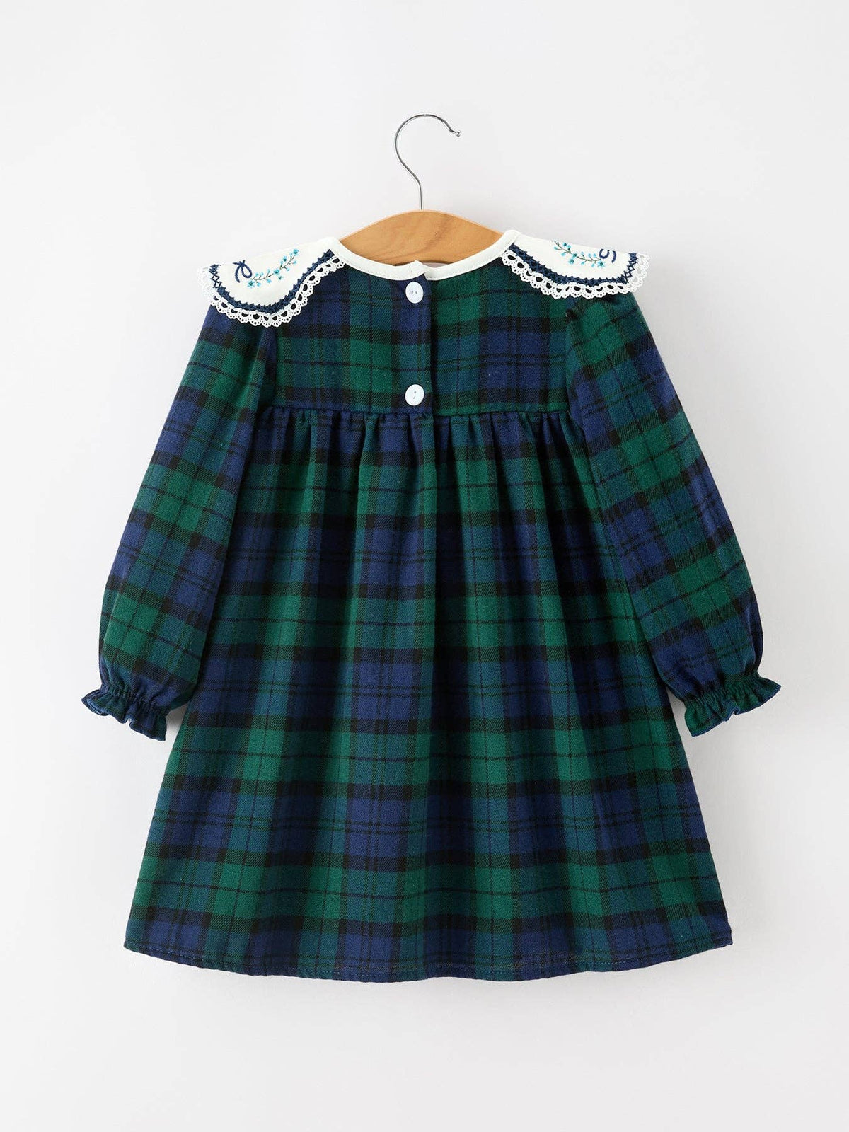 Christmas Girls Green & Navy Plaid Embroidered Collar Dress: 4