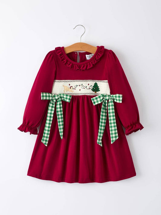 Christmas Smocking Embroidered Girls Dress with Green Plaid Bow: 4 - Persnickety Shop