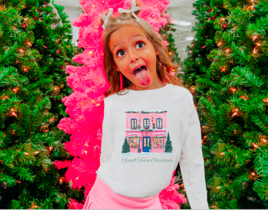 YOUTH Preppy Watercolor Small Town Christmas Long Sleeve Tee: YOUTH M - Persnickety Shop