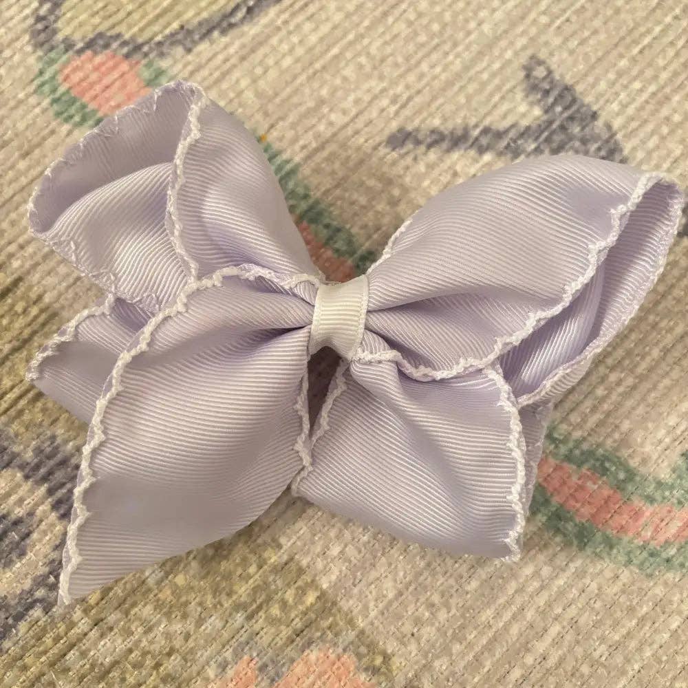 Classic Grosgrain Moonstitch Hair Bow - Medium: White w/ Pink - Persnickety Shop