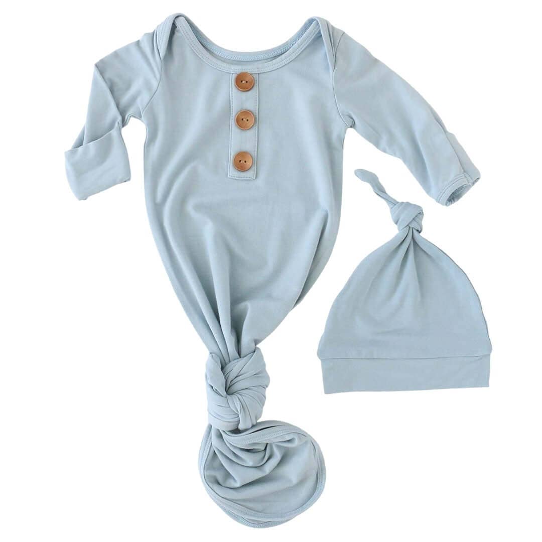 Solid Light Dusty Blue Bamboo Knot Gown & Hat: Newborn / 7-14lbs+ - Persnickety Shop
