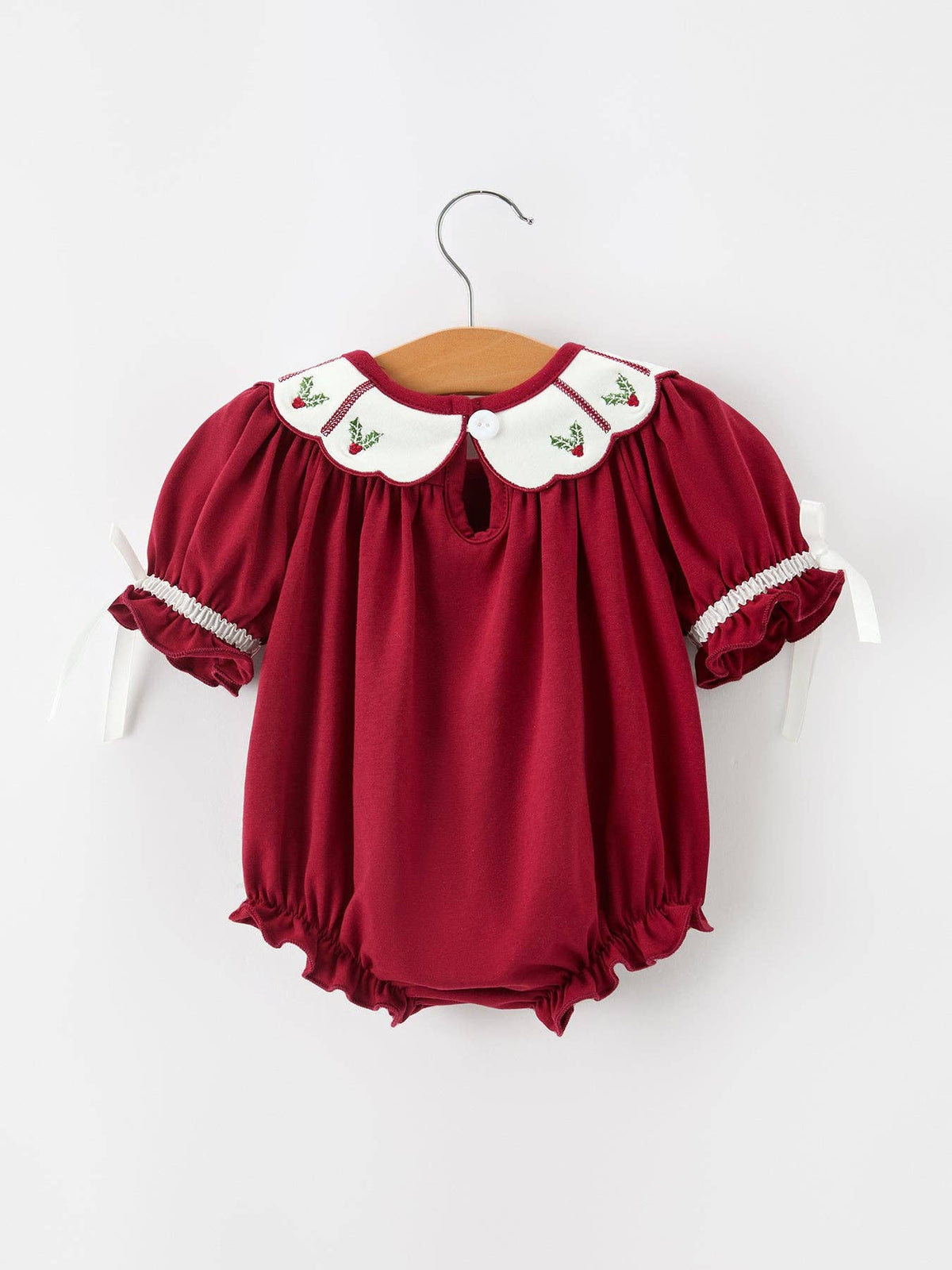 Christmas Holly Embroidered Baby Romper Petals Collar Ruffle: 3M