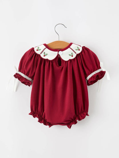 Christmas Holly Embroidered Baby Romper Petals Collar Ruffle: 3M