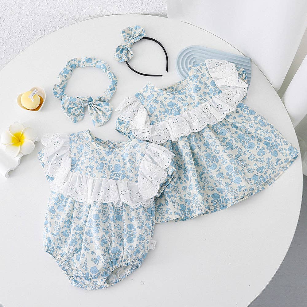 Blue Floral Lace Baby Girls Romper Match Headband: 12M - Persnickety Shop