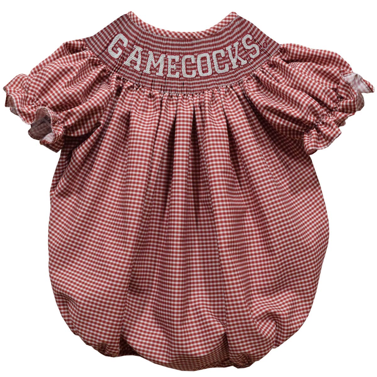 South Carolina Gamecocks Smocked Garnet Gingham Short Sleeve Girls Bubble