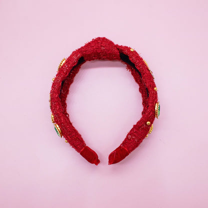 Christmas Knot Headband - Embellished Tweed Rhinestone Pearl - Persnickety Shop