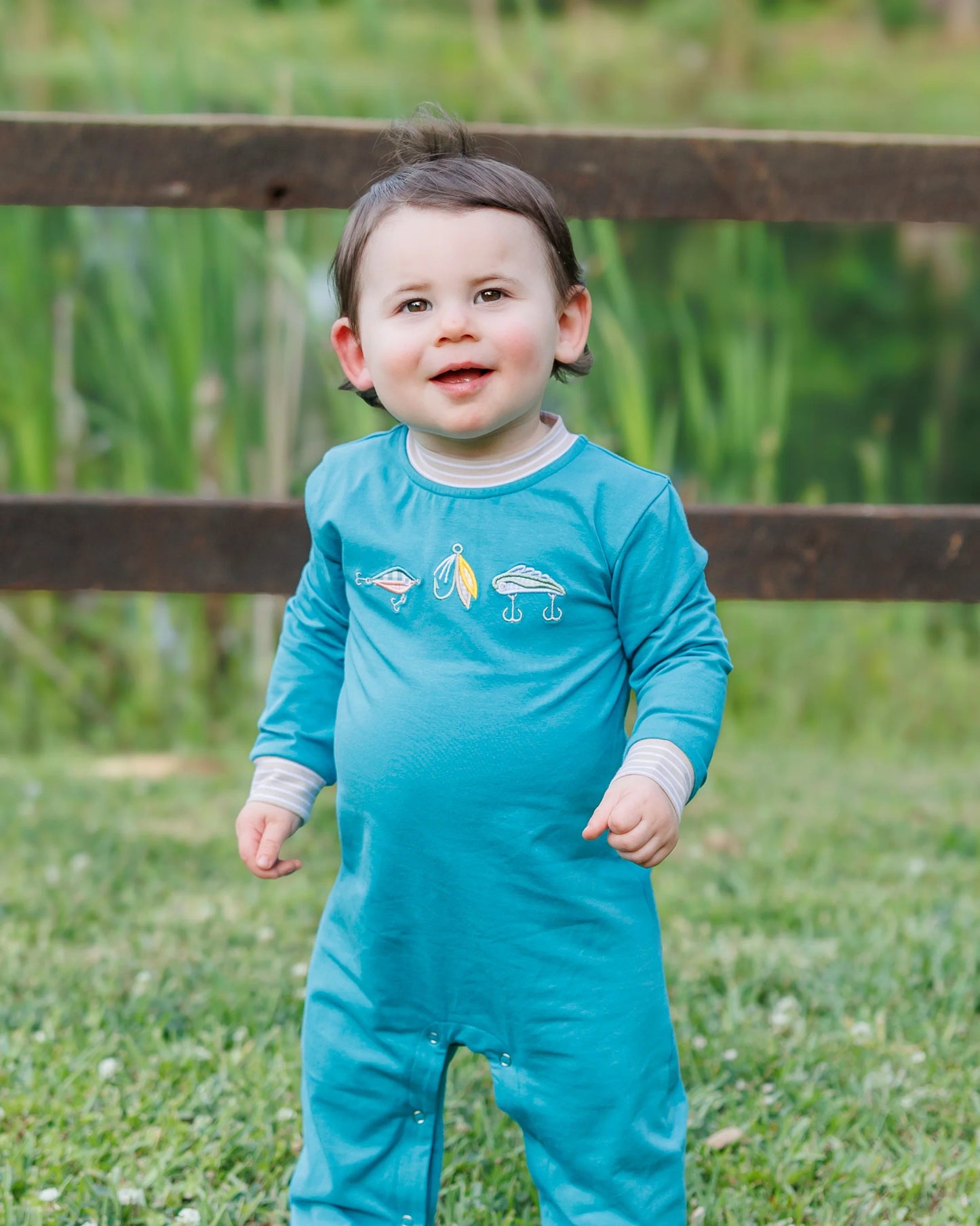 PRE-ORDER | Fall Fishing Romper Jellybean by Smock Candy - Persnickety Shop