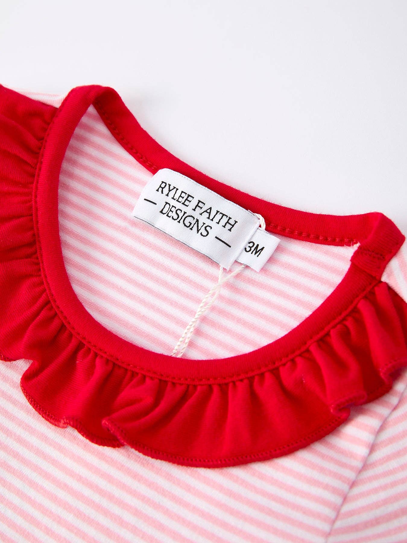 Christmas Candy Cane Embroidery Striped Baby Girl Romper with Pocket Ruffles: 3M - Persnickety Shop