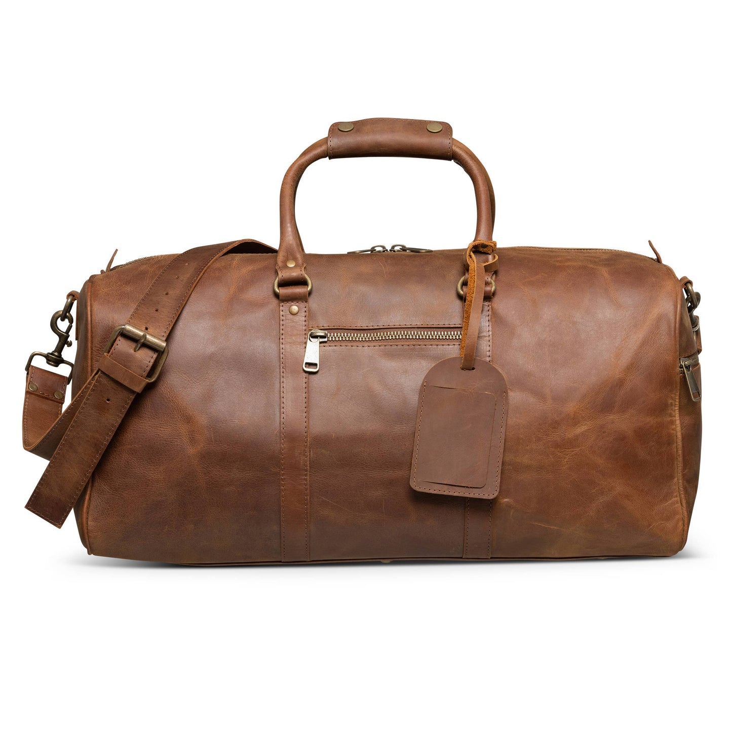 Buffalo Leather Duffle with Trolley Sleeve: Saddle Brown