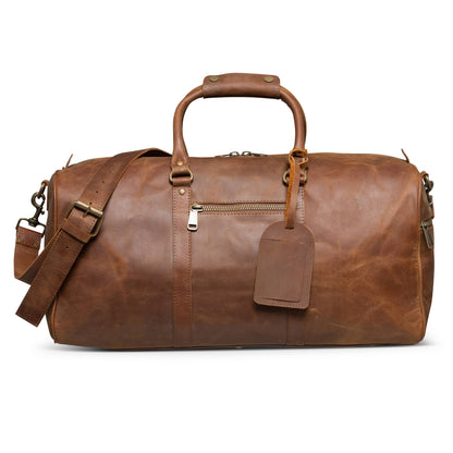 Buffalo Leather Duffle with Trolley Sleeve: Saddle Brown
