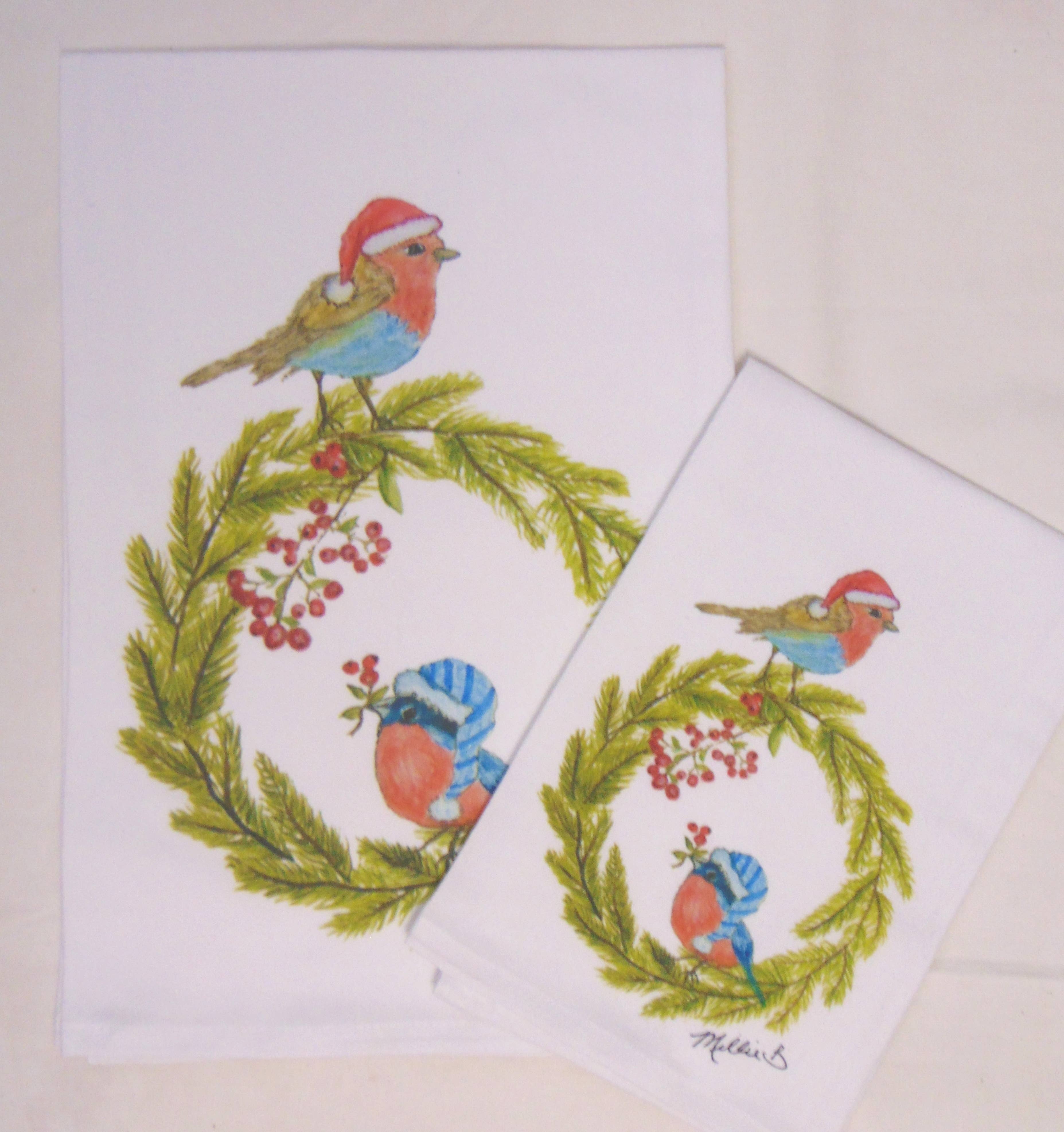 Limited Edition Watercolor Wreath Birdies Flour Sack Napkins - Persnickety Shop