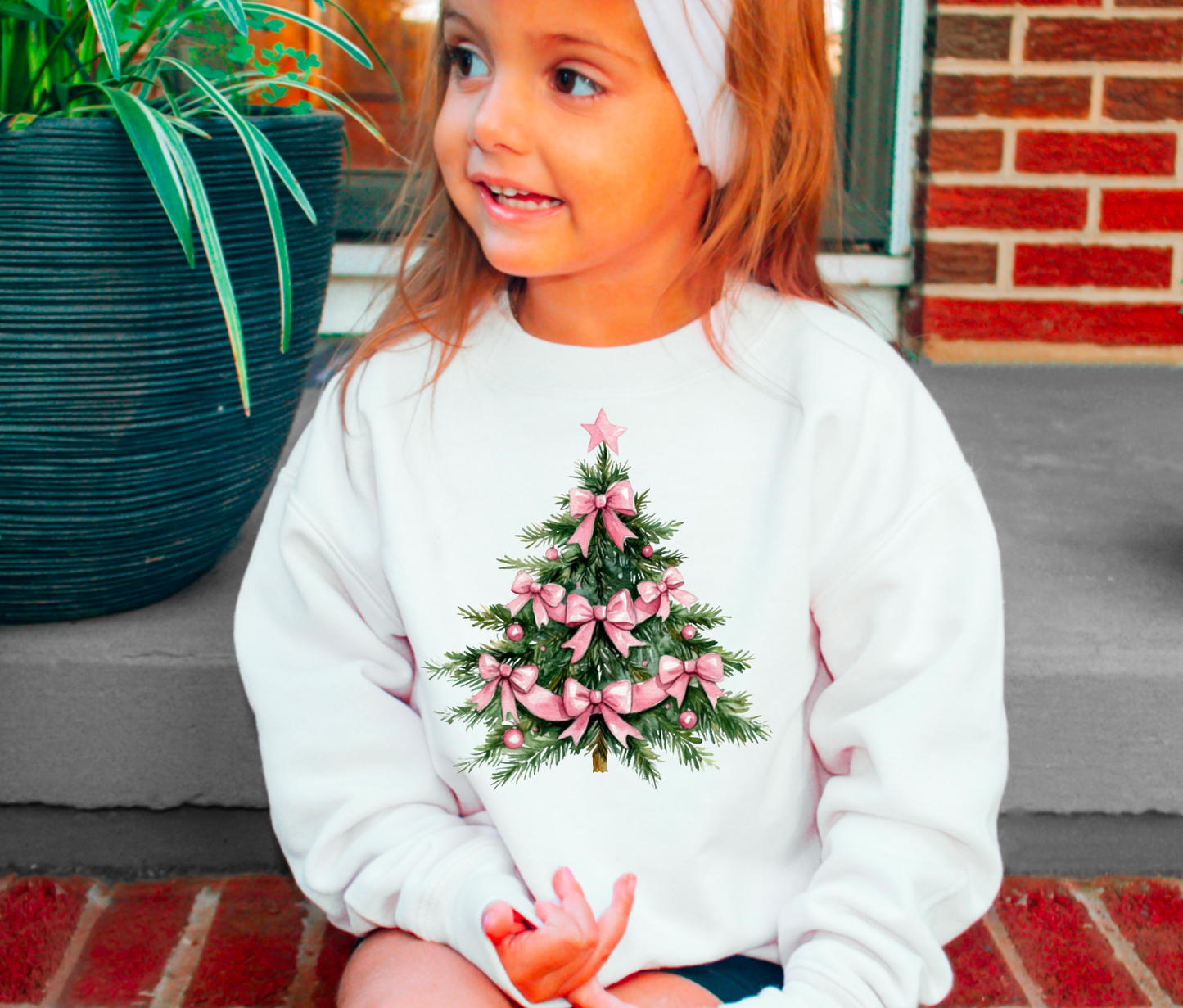 YOUTH Pink Coquette Bows Christmas Tree Sweatshirt      : YOUTH XS - Persnickety Shop