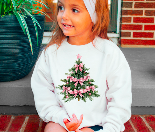 YOUTH Pink Coquette Bows Christmas Tree Sweatshirt      : YOUTH XS - Persnickety Shop