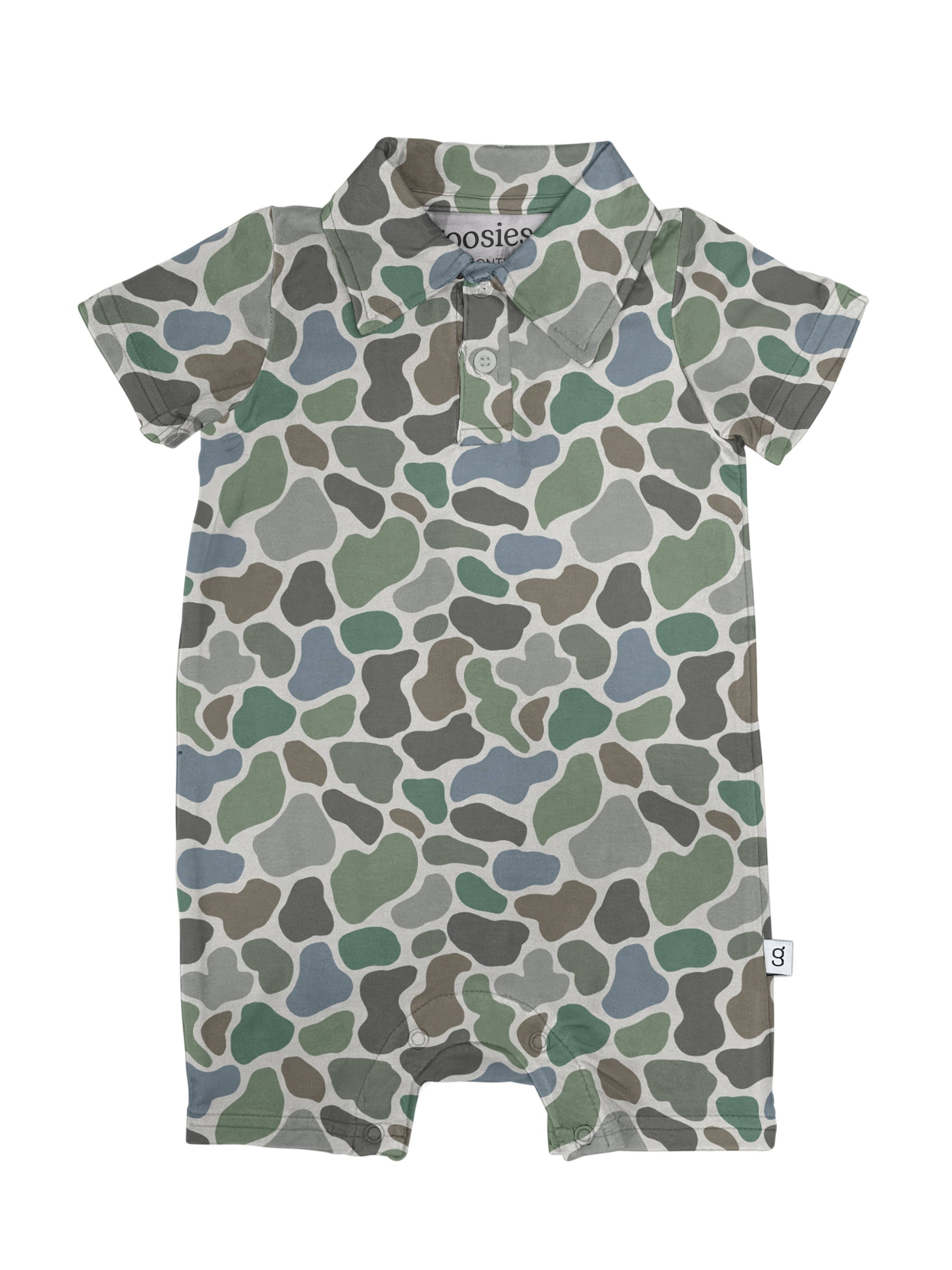 Pebble Camo - SS Polo Romper: 6-12 months - Persnickety Shop