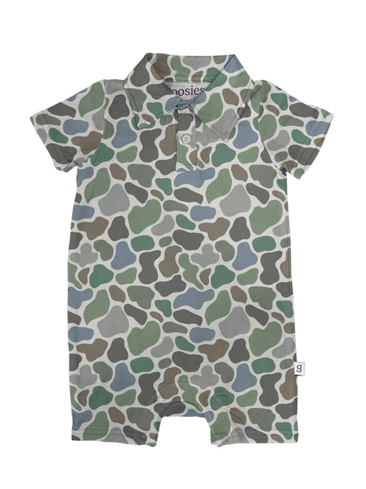 Pebble Camo - SS Polo Romper: 6-12 months - Persnickety Shop
