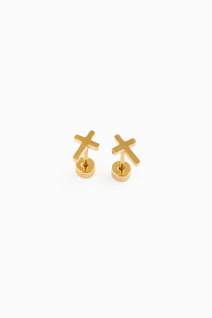 Cross Stud Earrings - Hypoallergenic, Flat Back, Girl Gift: Gold / Pair