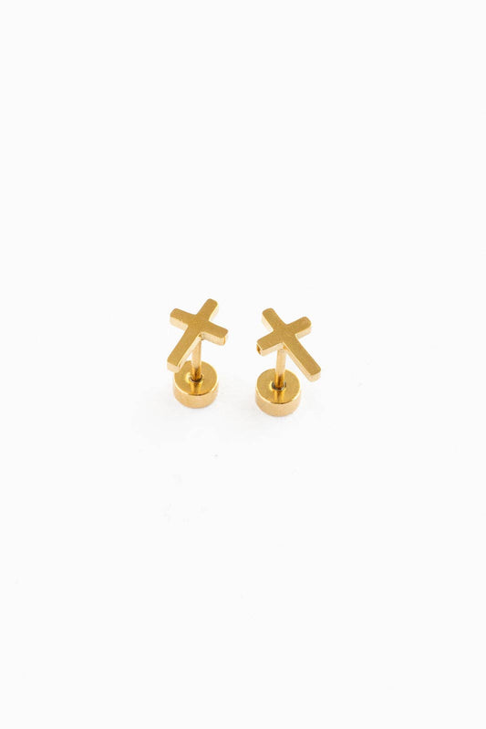 Cross Stud Earrings - Hypoallergenic, Flat Back, Girl Gift: Gold / Pair