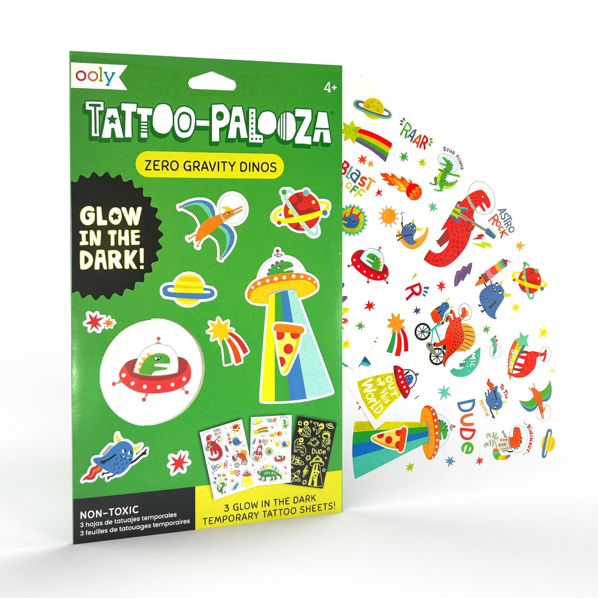 Ooly Tattoo-Palooza Glow in the Dark Temporary Tattoos - Zero Gravity Dinos - 3 Sheets - Persnickety Shop