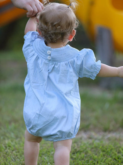 Girls Cross Smocking Embroidered Blue Romper: 3M - Persnickety Shop