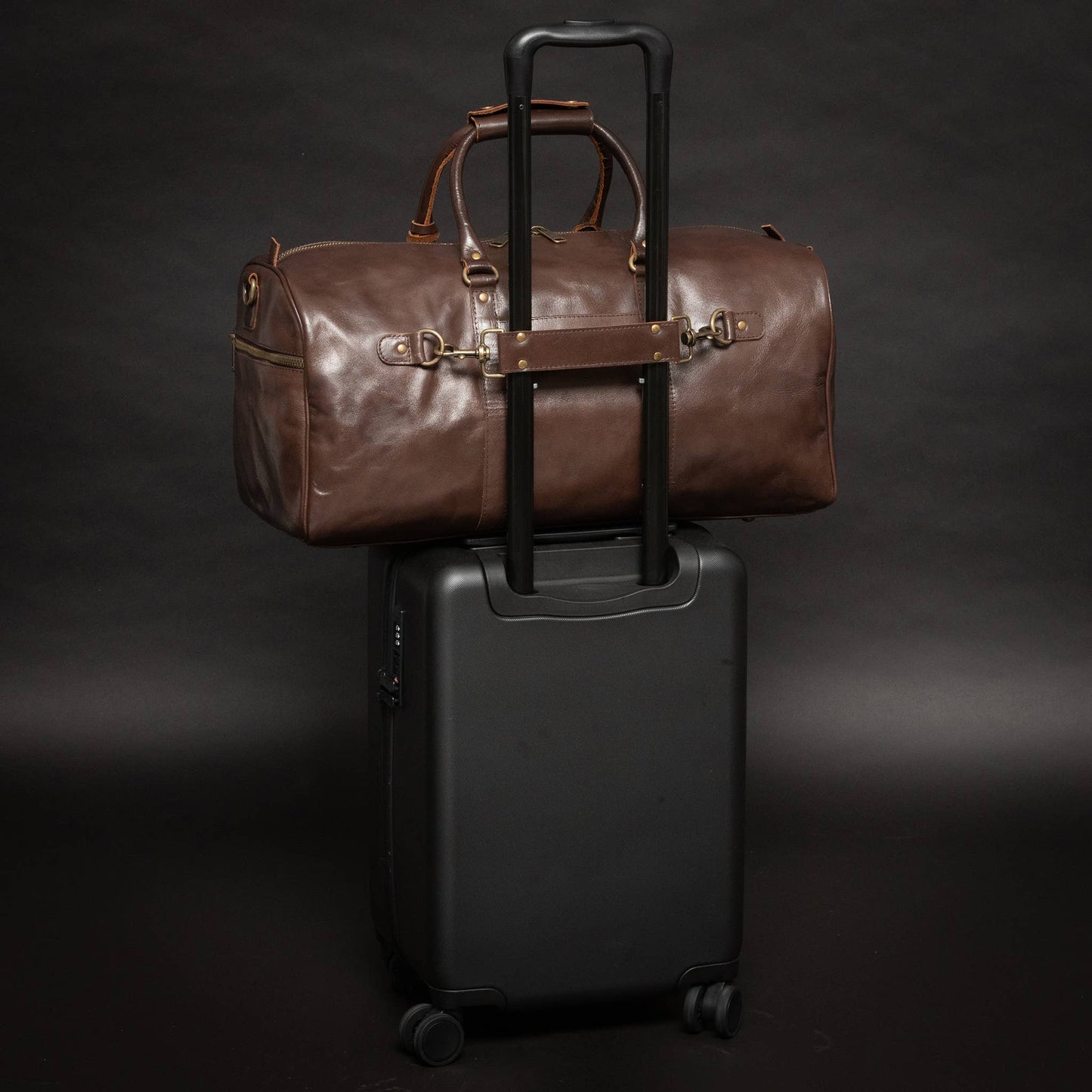 Buffalo Leather Duffle with Trolley Sleeve: Saddle Brown