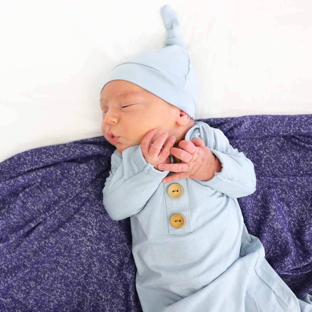 Solid Light Dusty Blue Bamboo Knot Gown & Hat: Newborn / 7-14lbs+ - Persnickety Shop