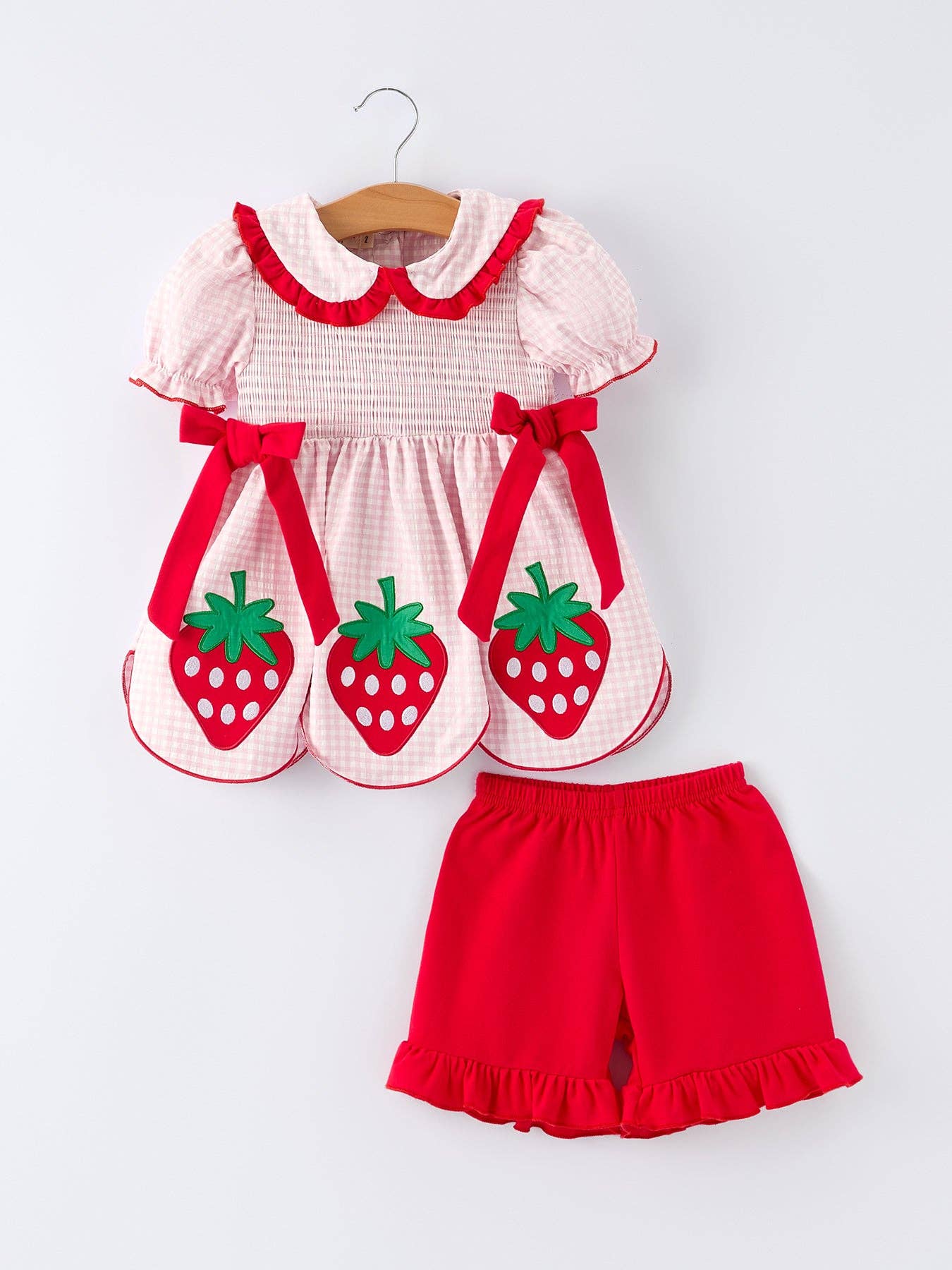 Girls' Plaid Smocked Strawberry Applique Shorts Set: 3 - Persnickety Shop