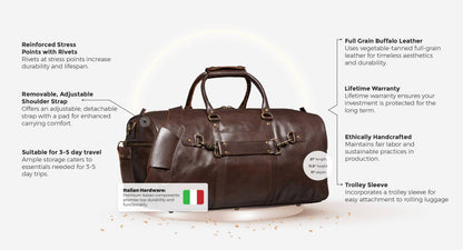 Buffalo Leather Duffle with Trolley Sleeve: Saddle Brown