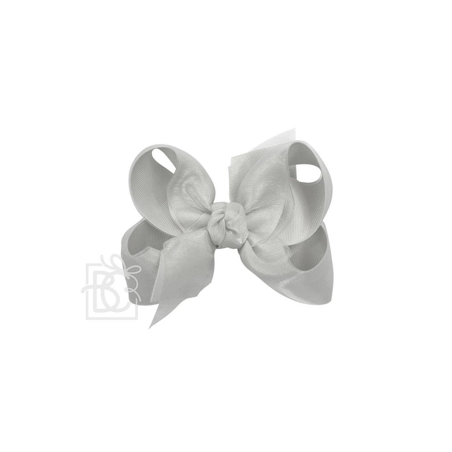 LAYERED ORGANZA/GROSGRAIN BOW ON CLIP: 5.5" Huge - 2.25" Ribbons on Alligator Clip / WHITE