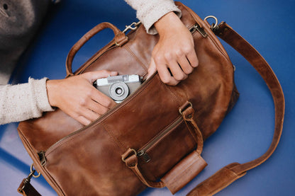 Buffalo Leather Duffle with Trolley Sleeve: Saddle Brown