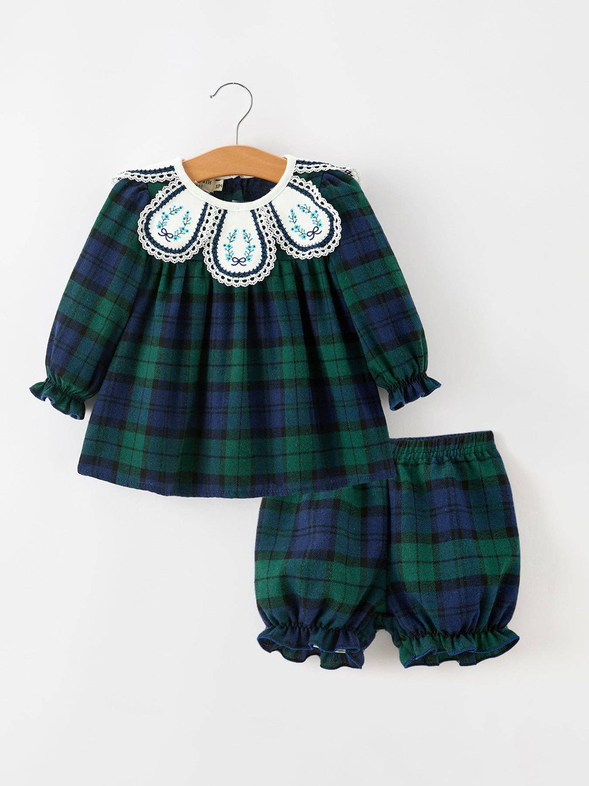 Christmas Girls Green & Navy Plaid Embroidered Bloomer Set: 6M