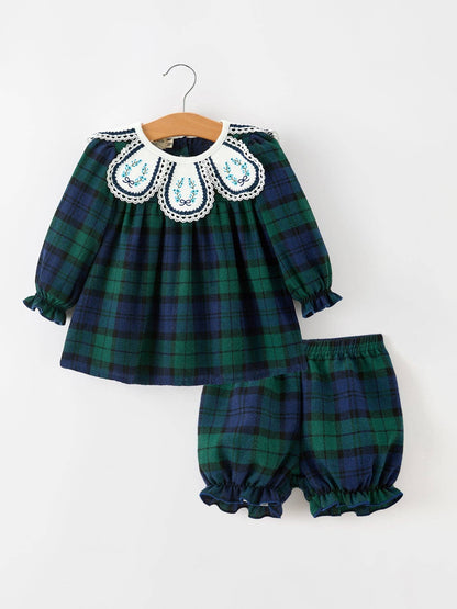 Christmas Girls Green & Navy Plaid Embroidered Bloomer Set: 6M
