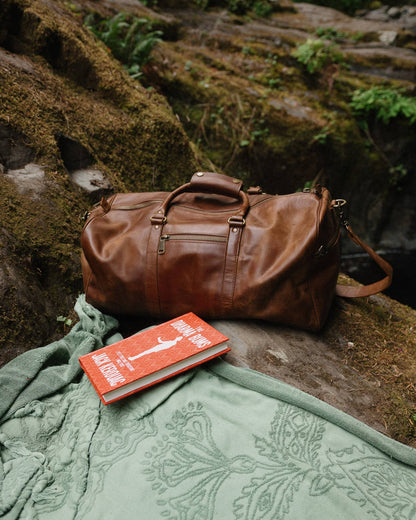 Buffalo Leather Duffle with Trolley Sleeve: Saddle Brown