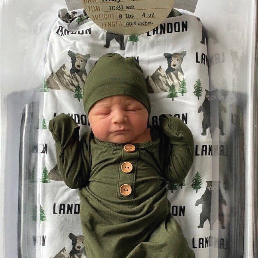 Solid Olive Bamboo Baby Knot Gown & Hat: Newborn / 7-14lbs+ - Persnickety Shop