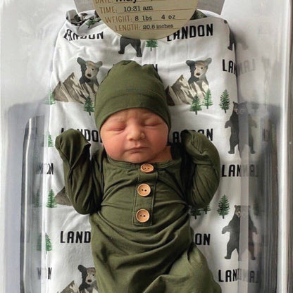 Solid Olive Bamboo Baby Knot Gown & Hat: Newborn / 7-14lbs+ - Persnickety Shop