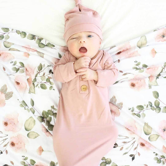 Solid Mauve Bamboo Baby Knot Gown & Hat: Preemie / 4-6lbs+ - Persnickety Shop