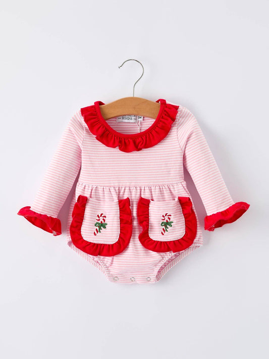 Christmas Candy Cane Embroidery Striped Baby Girl Romper with Pocket Ruffles: 3M - Persnickety Shop