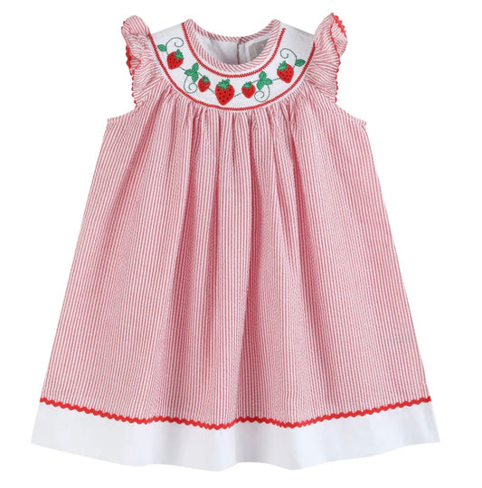 Lil Cactus Red Seersucker Strawberry Smocked Bishop Dress - Persnickety Shop