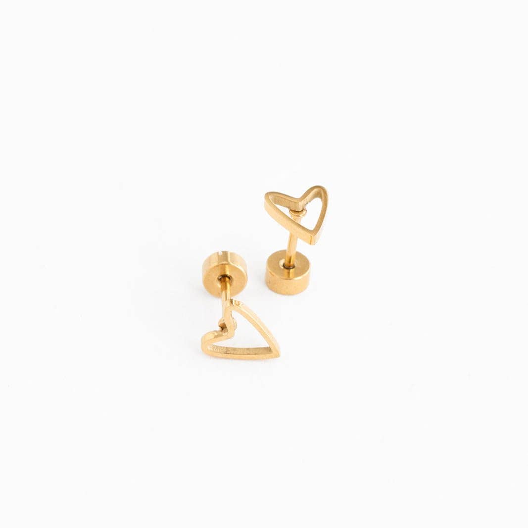 Open Heart Stud Earrings - Hypoallergenic, Flat Back, Girl : Pair