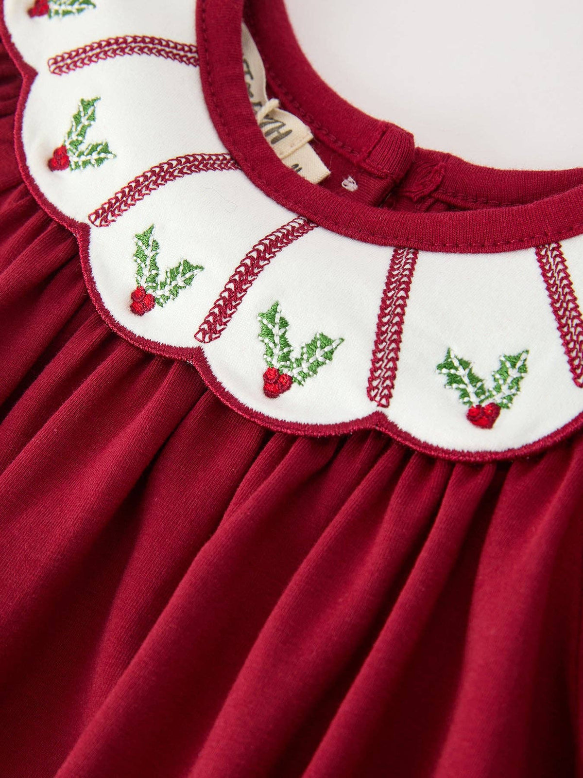 Christmas Holly Embroidered Baby Romper Petals Collar Ruffle: 3M