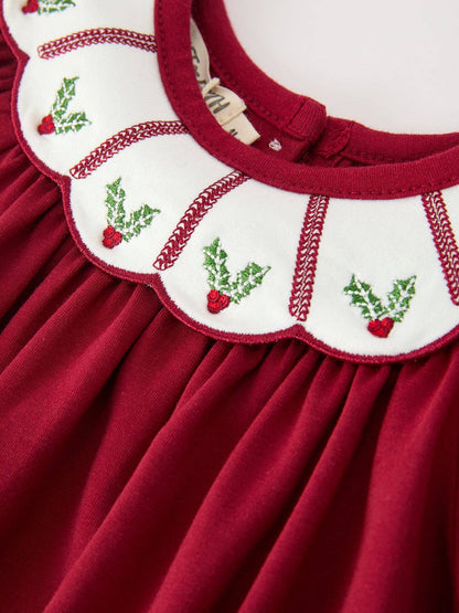 Christmas Holly Embroidered Baby Romper Petals Collar Ruffle: 3M
