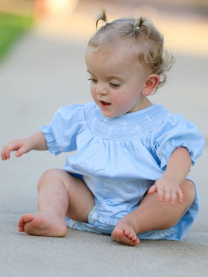 Girls Cross Smocking Embroidered Blue Romper: 3M - Persnickety Shop