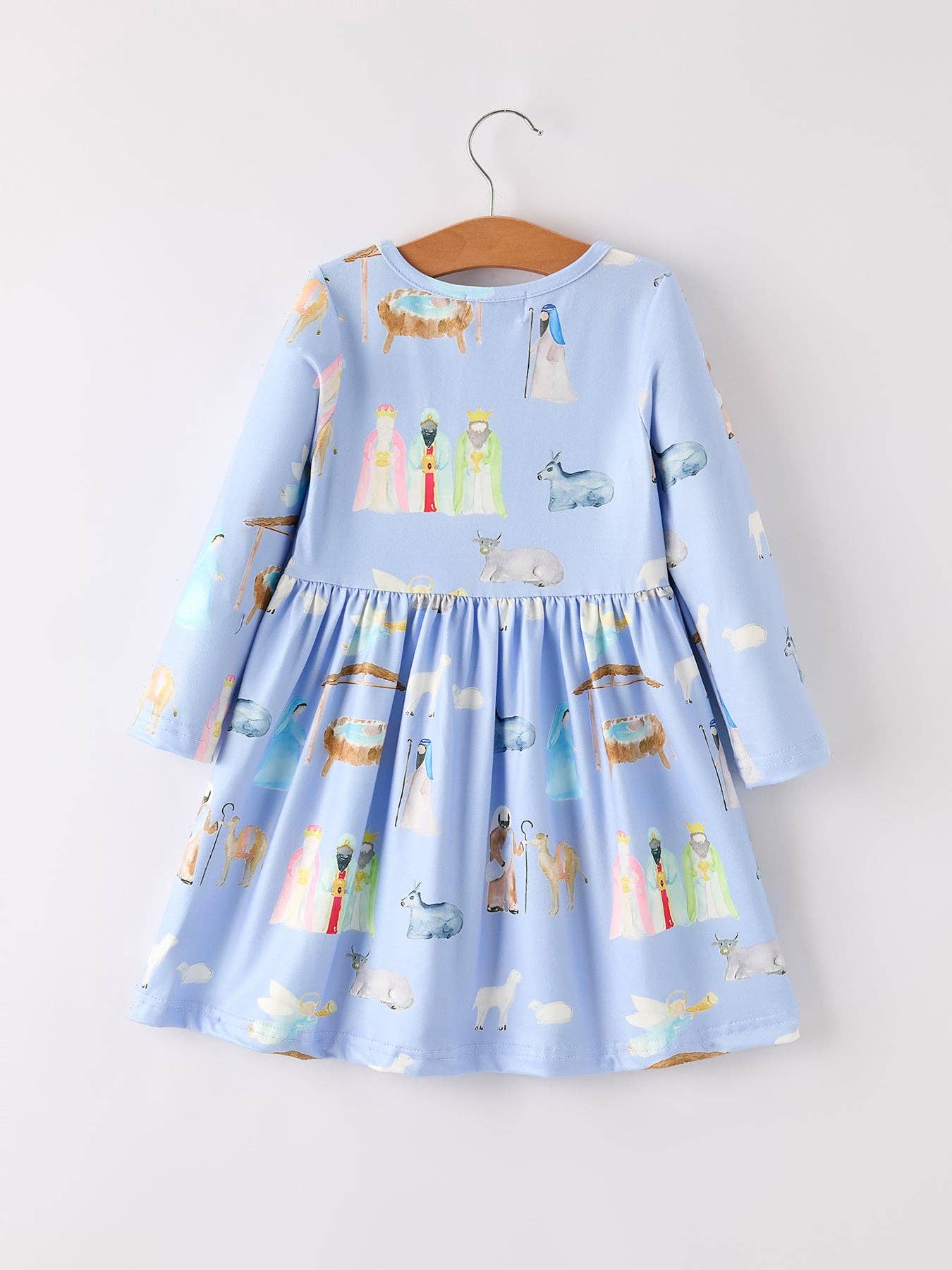 Winter Christmas Nativity Print Girls Long Sleeve Dress: 3 - Persnickety Shop