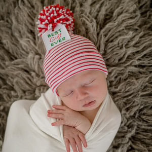 BEST GIFT EVER GIFT TAG POM POM NEWBORN HOSPITAL HAT - BABY CHRISTMAS HAT - Persnickety Shop