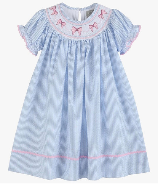 Lil Cactus Blue Seersucker Bow Smocked Bishop Dress - Persnickety Shop