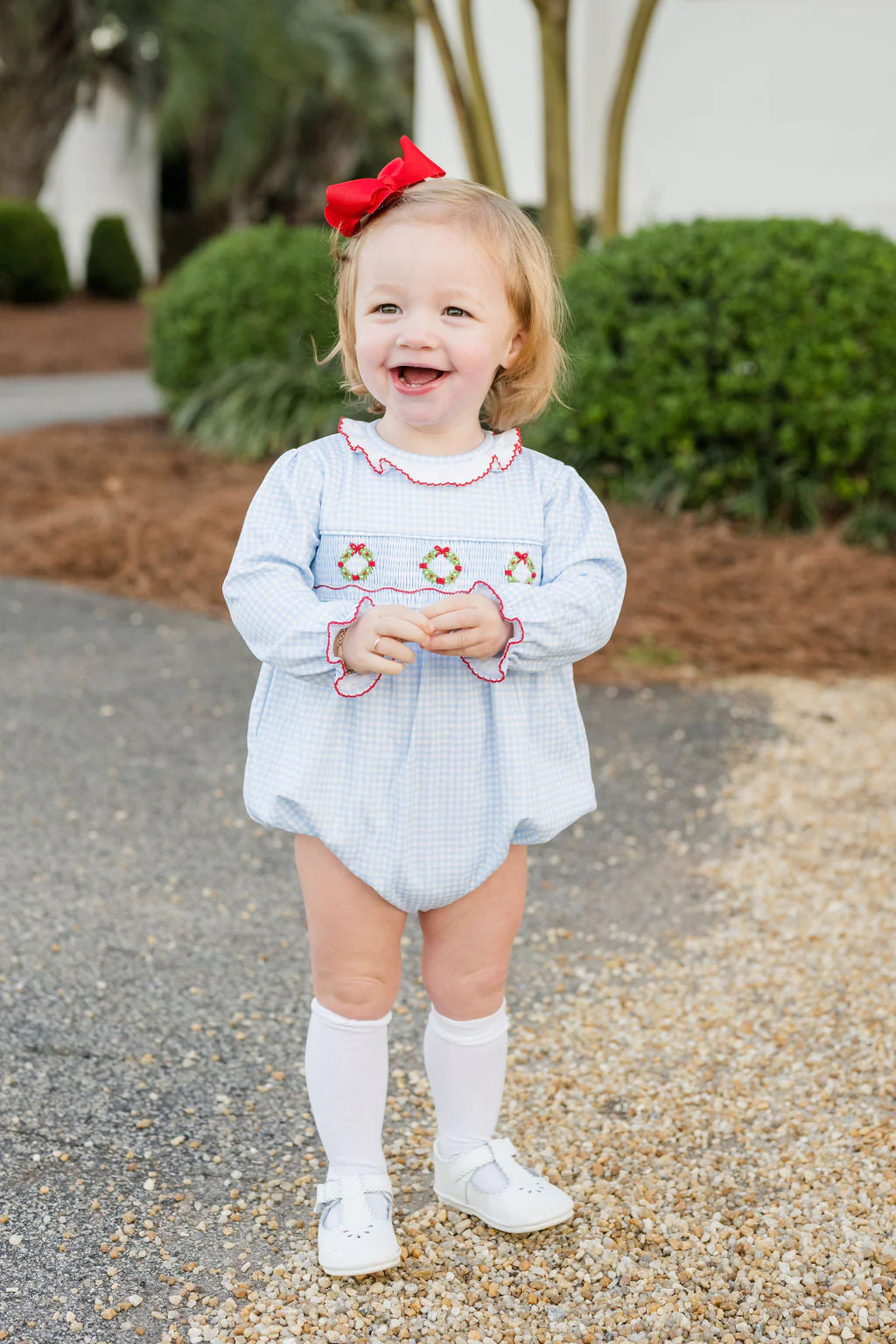 James & Lottie Christmas Sara Long Sleeve Bubble, Smocked Wreath - Persnickety Shop