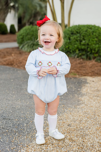 James & Lottie Christmas Sara Long Sleeve Bubble, Smocked Wreath - Persnickety Shop