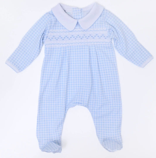 MAGNOLIA BABY Mini Checks Blue Smocked Collared Boy Footie | Blue - Persnickety Shop