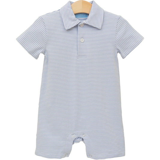 Trotter Street Kids Henry Polo Romper- Dusty Blue Stripe - Persnickety Shop