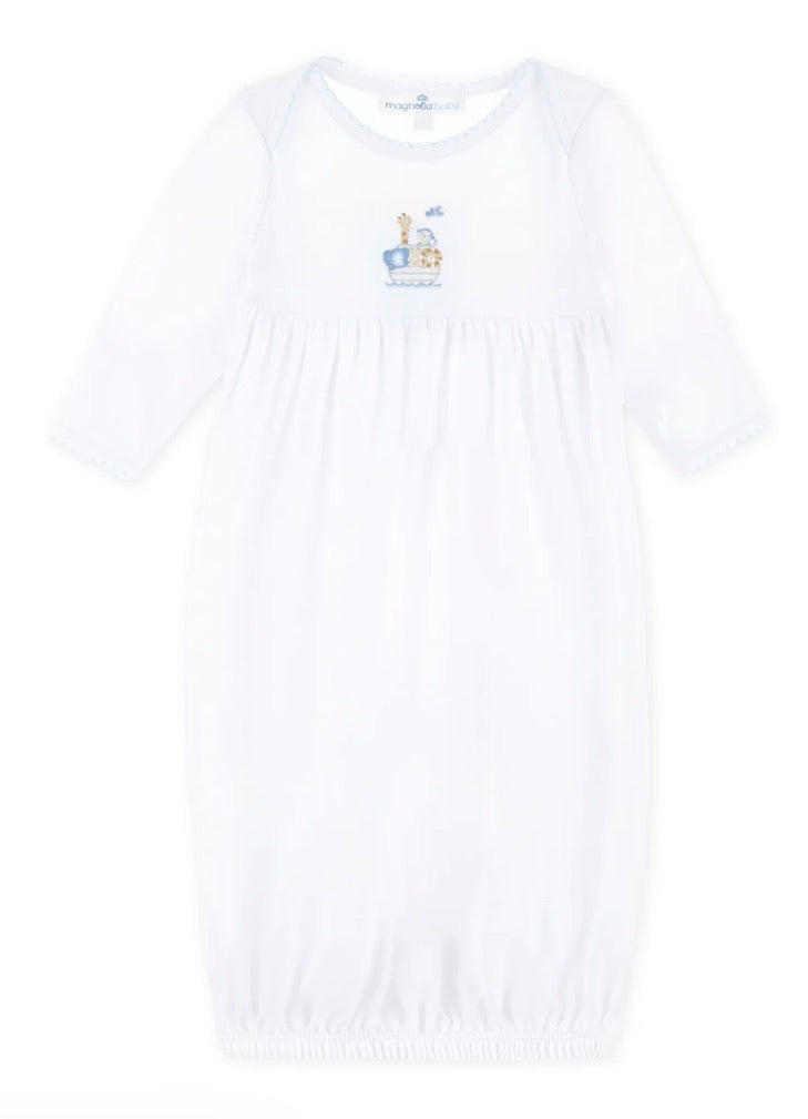 Magnolia Baby Noah's Ark Hand-Embroidered Gathered Gown - Light Blue - Persnickety Shop