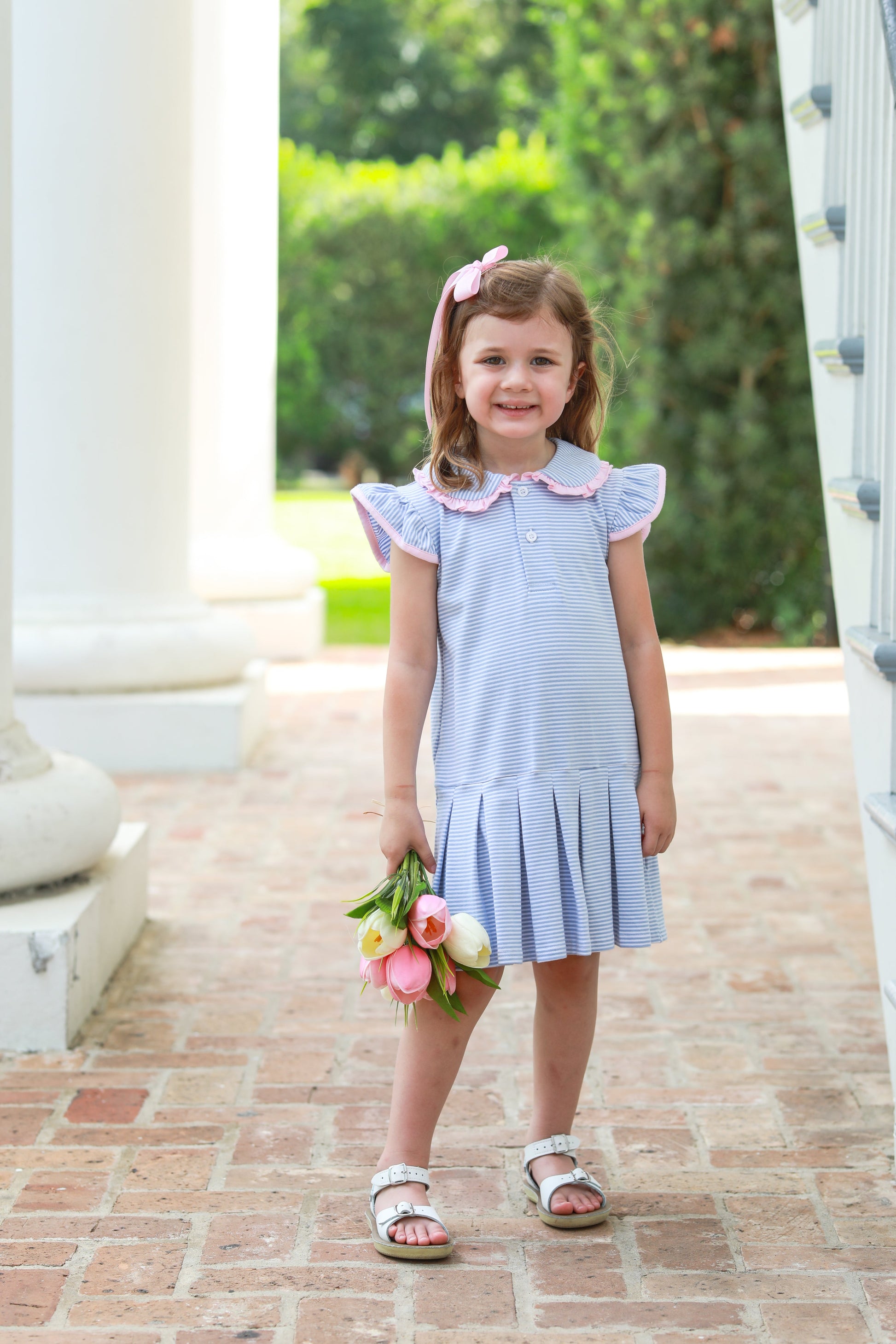 Trotter Street Kids Camilla Dress - Dusty Blue Stripe/Light Pink - Persnickety Shop